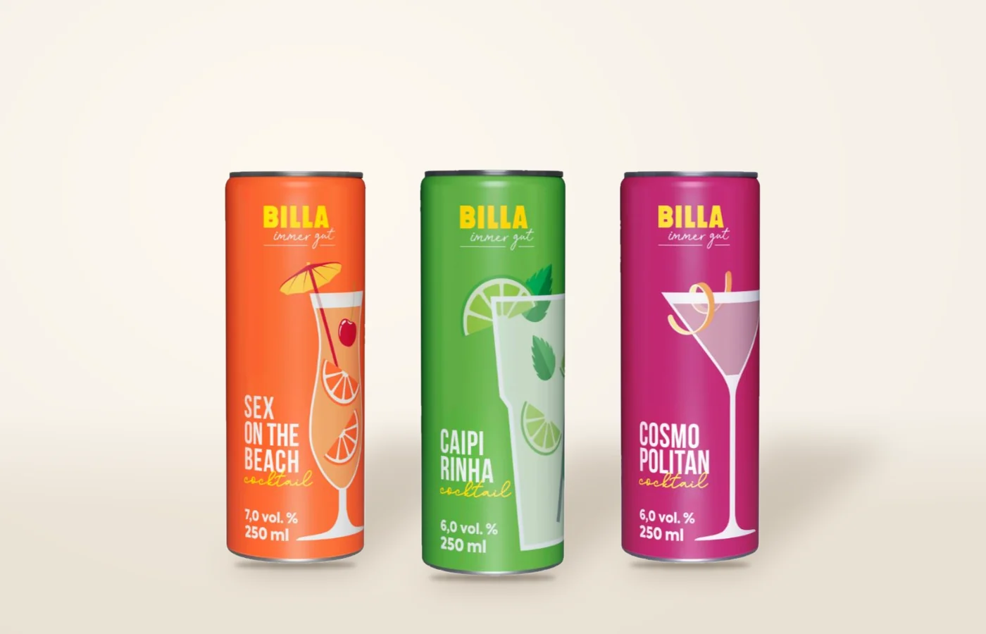 BILLA immer gut Cocktails Sex on the Beach, Caipirinha und Cosmopolitan in der Dose