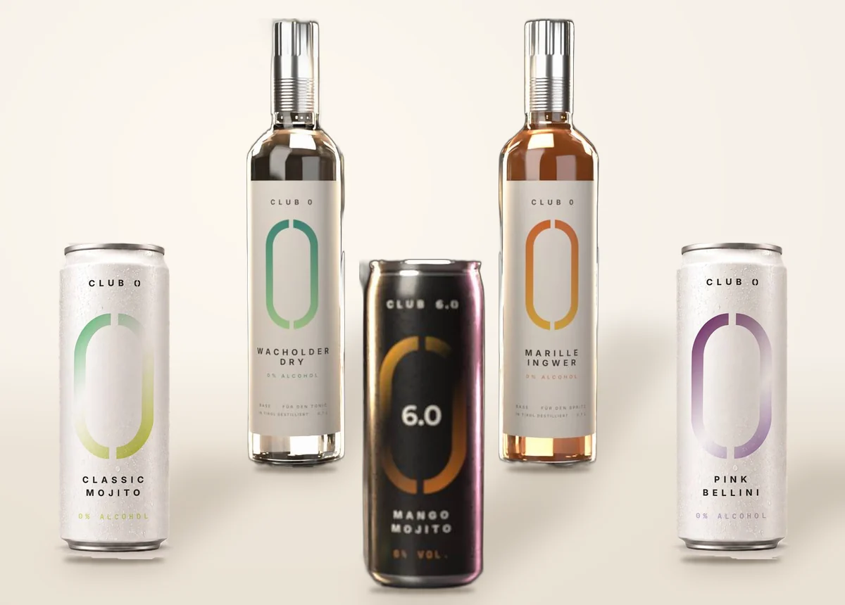 CLUB-Produktwelt: CLUB 0 Classic Mojito und Pink Bellini, CLUB 6.0 Mango Mojito sowie CLUB 0 BASE Wacholder Dry und Marille-Ingwer in der 0,7-l-Flasche